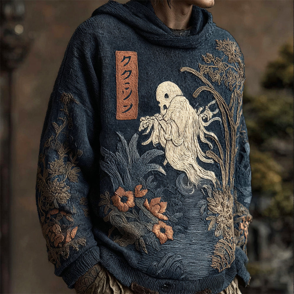 Japanese Spooky & Floral Art Men's Knit Hooded Sweater elevenforest