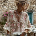 Women's Pink Floral Embroidery V-neck Linen Blend T-shirt elevenforest
