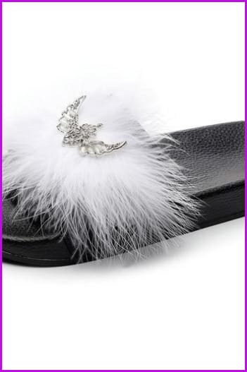 Rhinestone Bow Lady Furry Slides Fur Slippers De239