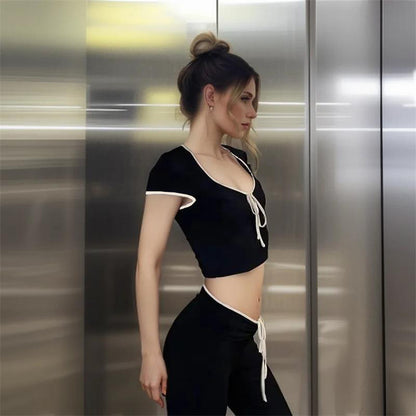Y2k Summer Crop Top Bow Tee Shirt Clothes Low Cut Short Sleeve T Shirts Black Skinny Elastic Tops