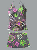 Colorful Flower V-Neck Vintage Flowers Print Suspender Skirt Tankini Pantskirt Set Swimsuit