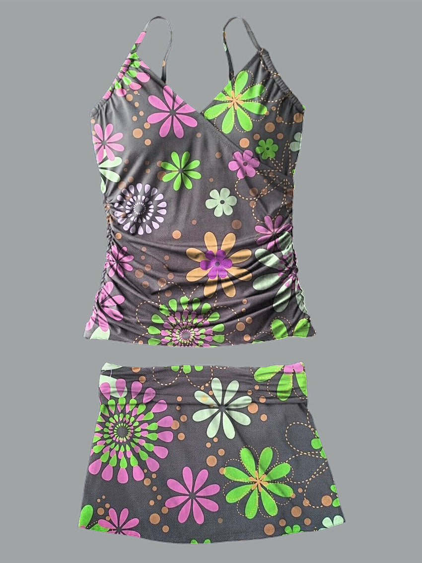 Colorful Flower V-Neck Vintage Flowers Print Suspender Skirt Tankini Pantskirt Set Swimsuit