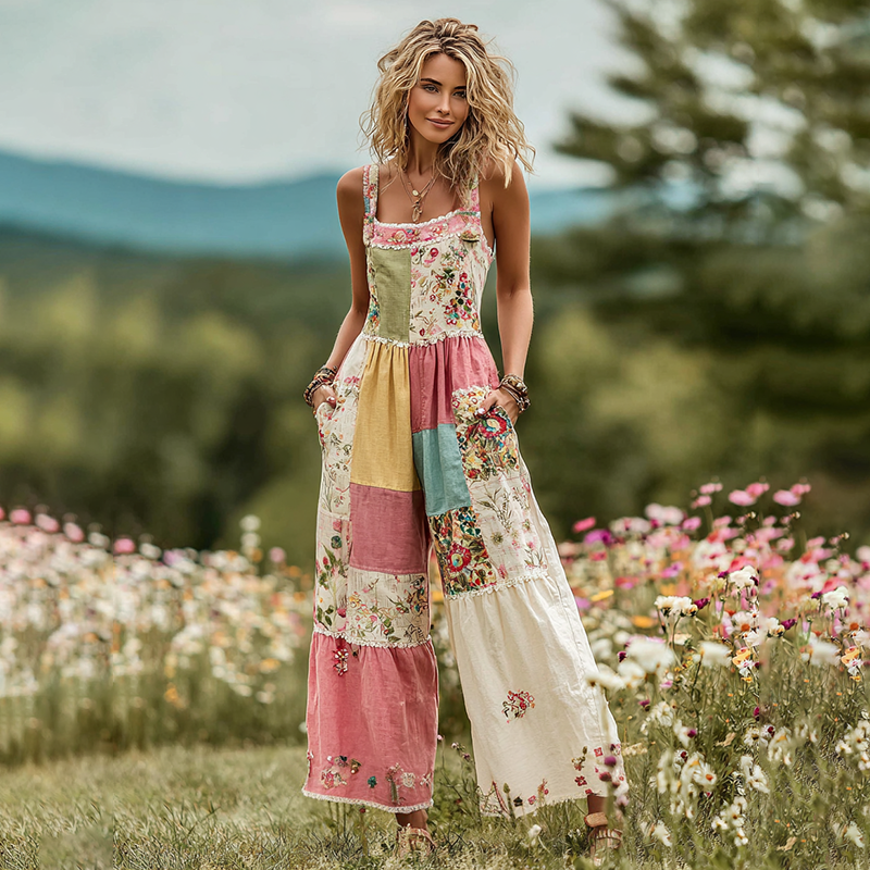 Women's Vintage Floral Art Patch Comfy Jumpsuit elevenforest