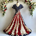 Women's Independence Day Flag And Floral Print Short Sleeve Dress elevenforest