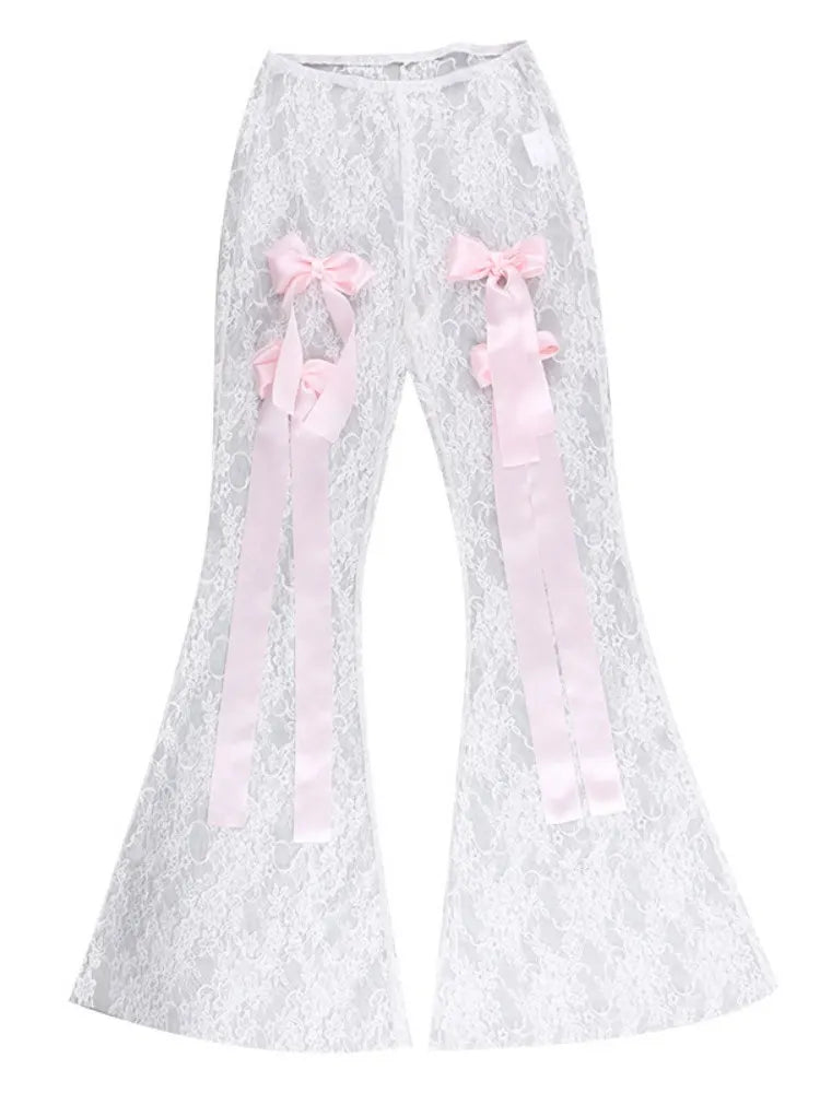 Tossy Bow Lace See-through Printed High Waist Mesh ’s Pants