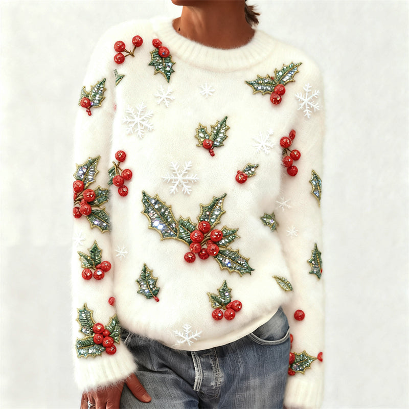 Comstylish Christmas Berries & Snowflakes Glitter Embroidered Cozy Sweater