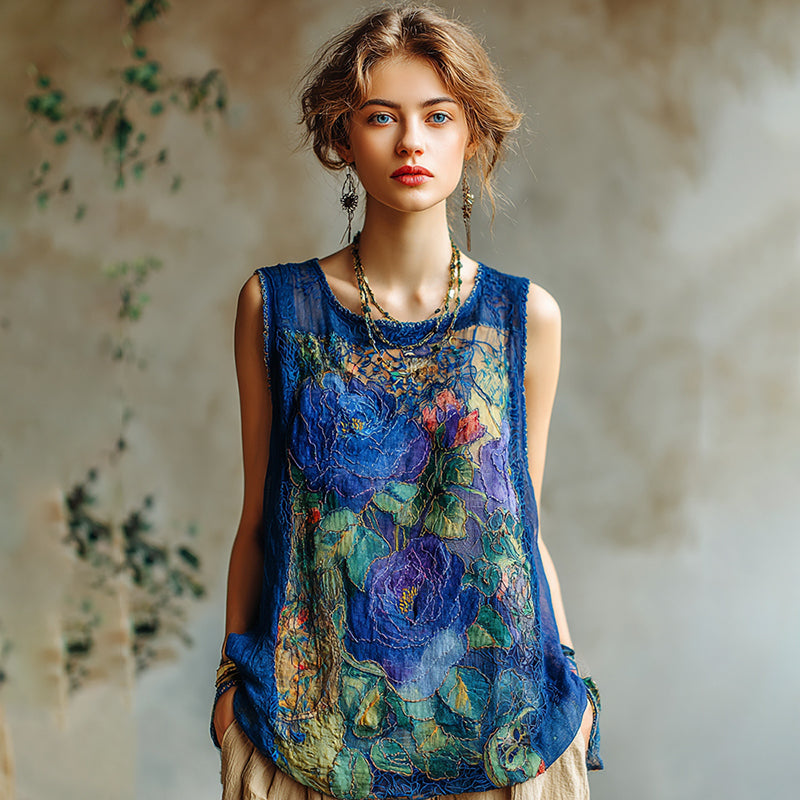 Women's Oil Painting Floral Contrast Color Tank Top elevenforest