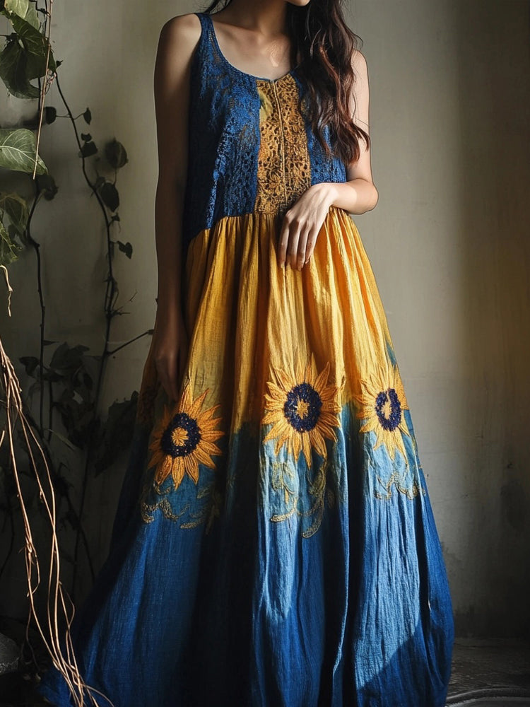 Boho Sunflower Embroidered Flowy Linen Maxi Dress elevenforest