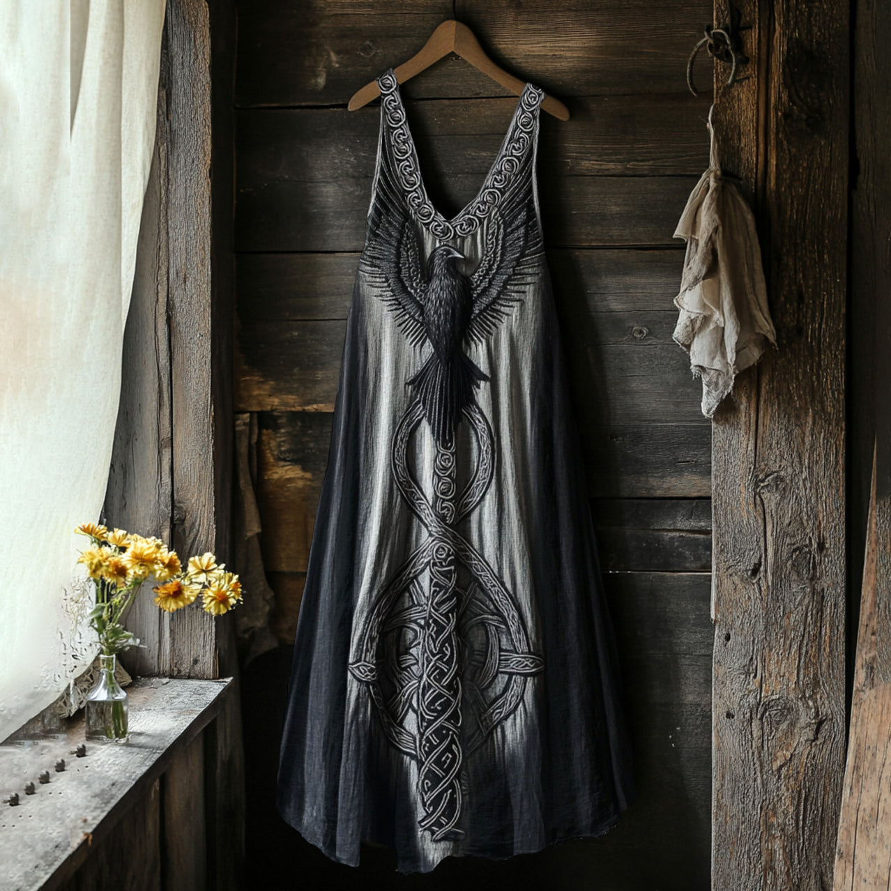 Women's Viking Tribal Bird Totem Linen Tank Dress elevenforest