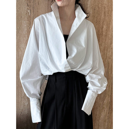 Profile Bandage Dress Stand Collar Deep V Plunge White Shirt Lazy Batwing Sleeve Large Version Blouse