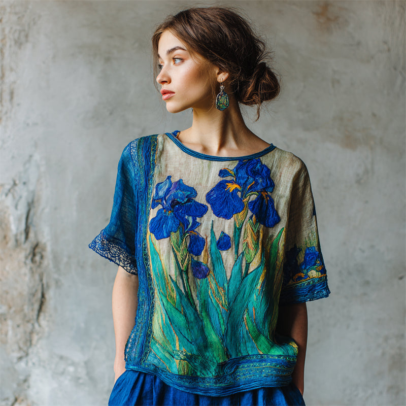 Oil Painting Inspired Irises Embroidered Contrast Linen Tunic elevenforest