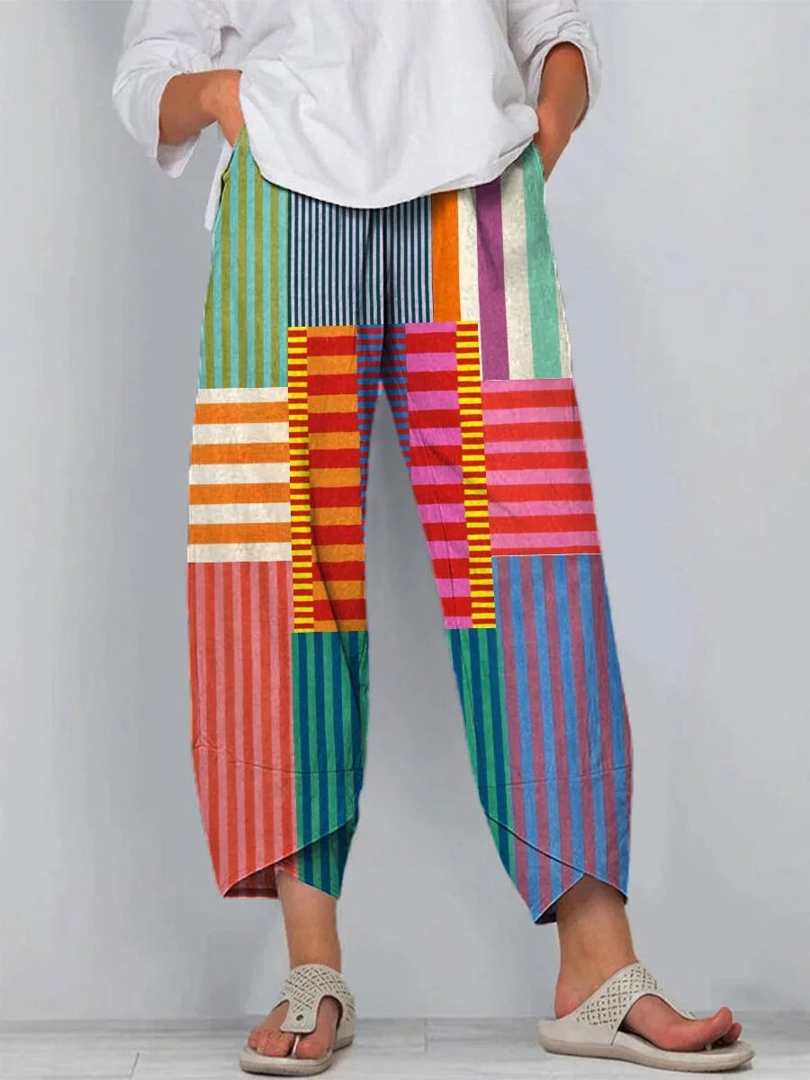 Women's Vintage Contrast Color Geometric Pattern Linen Blend Pants elevenforest