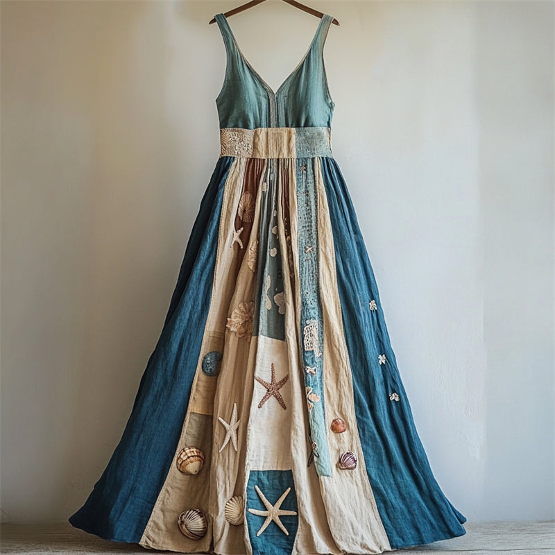 Vintage Starfish & Sea Shells Contrast Patchwork Maxi Dress elevenforest