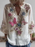 Bohemian Style V-neck Butterfly And Flower Embroidery Cotton And Linen Short Sleeve elevenforest