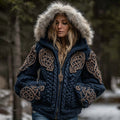 Comstylish Women's Viking Celtic Knot Art Cozy Fur Collar Knit Hooded Sweater Jacket