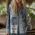 Classic Bohemian Floral With  Japanese Traditional Sashiko Art Embroidery Print Cotton And Linen Blend  Blazer With Buttons elevenforest