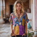 Vintage Bohemian Floral Patchwork Tie-dye Short Sleeve Top elevenforest