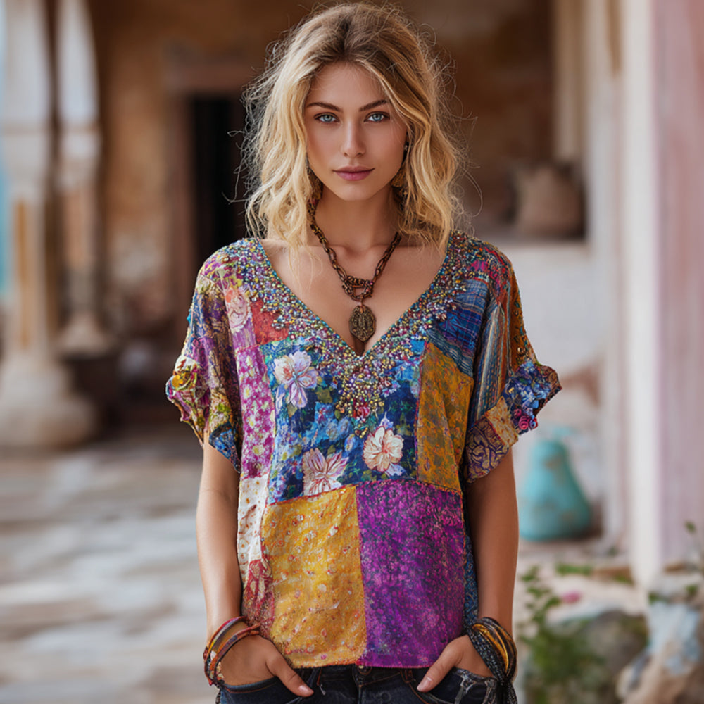 Vintage Bohemian Floral Patchwork Tie-dye Short Sleeve Top elevenforest