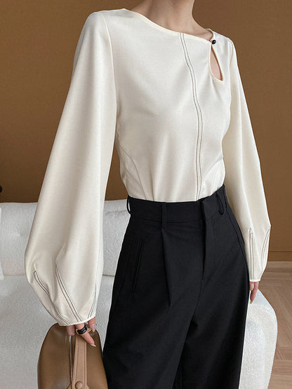 Long Sleeves Loose Asymmetric Belly-hollow Color Round-neck Blouses&shirts Tops
