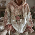 Women's Pink Rose Embroidered Art Casual Gradient Hoodie elevenforest