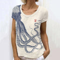 Retro Japanese Art Octopus And Crab Linen Casual T-Shirt elevenforest