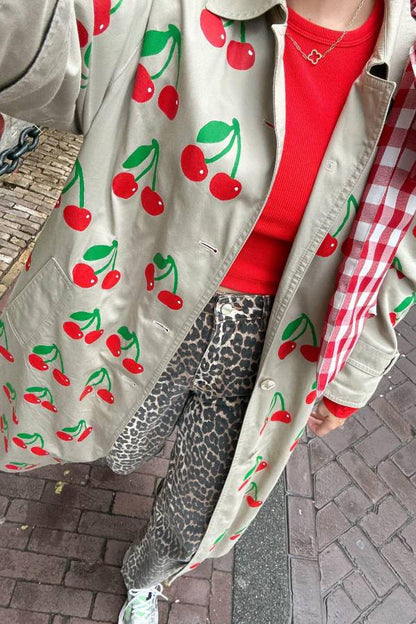 Fruit Print Long Coat Cherry Trench Coat