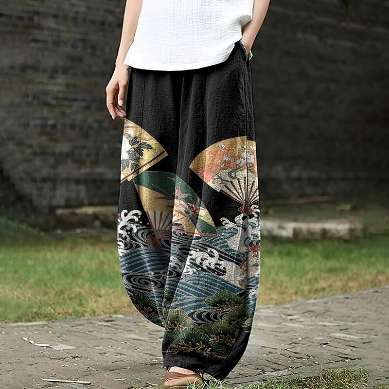 Women'S Wave Flower Fan Japanese Art Print Pants elevenforest