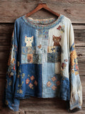 Boho Floral & Cats Embroidered Art Women's Linen Top elevenforest