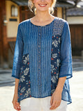 Comstylish Japanese Striped Floral Patchwork Pattern Women's Linen Long Sleeve Shirt