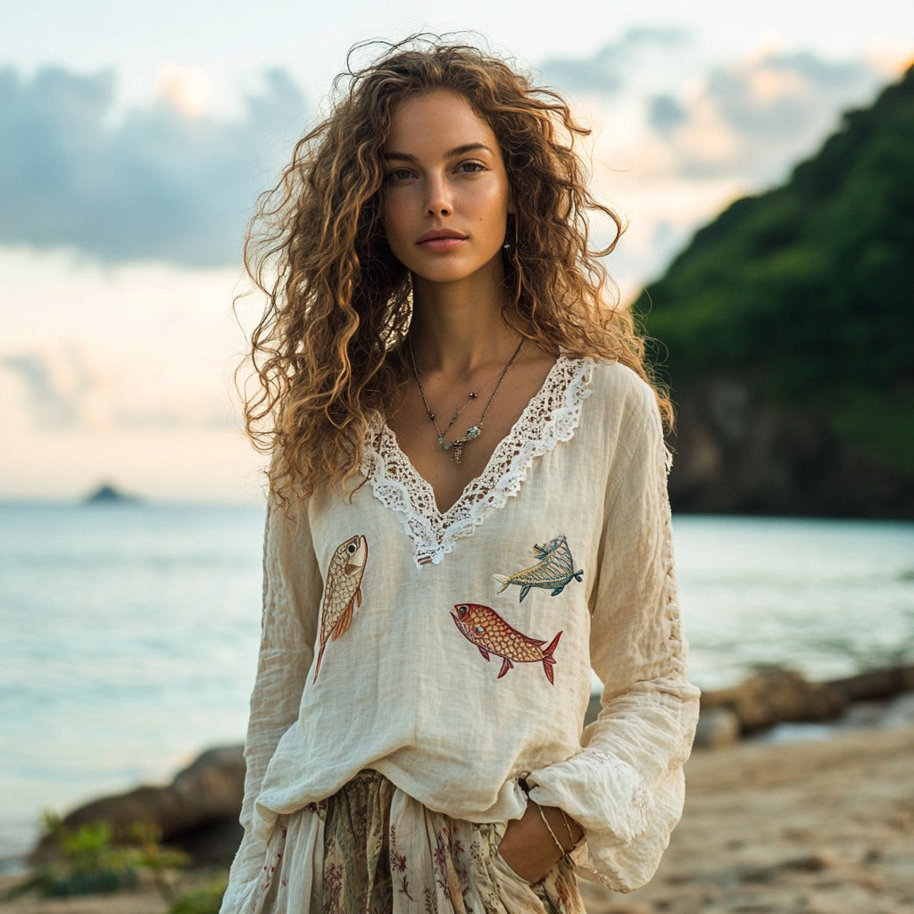 Retro Fish Embroidery Print Linen Blend Loose Blouse elevenforest