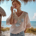 Women's Bohemian Dreamy Ocean V-neck Short Sleeve Top elevenforest