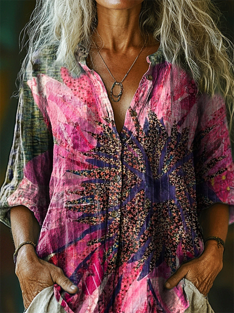 Women's Bohemian Floral Art Print Casual Cotton Linen Shirt