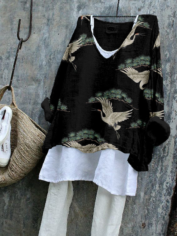 Japanese Cranes & Pine Art Pattern Flowy Tunic elevenforest