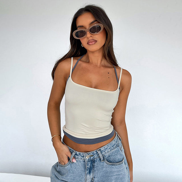 Spring New Adjustable Straps Halter Clash Color Fake Two Piece Square Neck Backless Hottie Girl Style Top