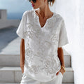 Vintage White Roses Embroidered Cozy Linen Tunic elevenforest