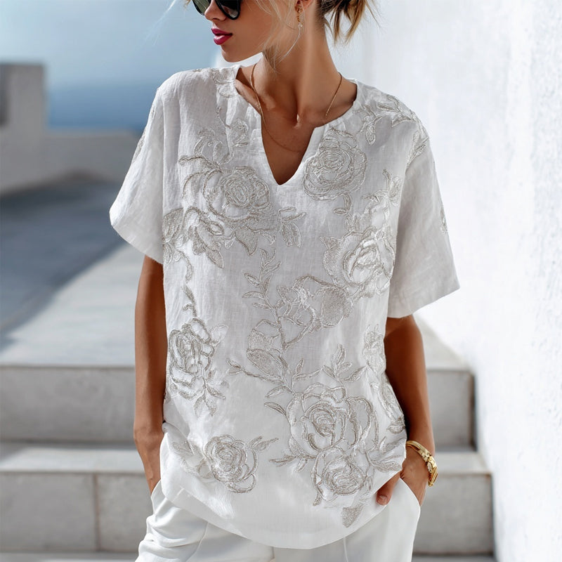 Vintage White Roses Embroidered Cozy Linen Tunic elevenforest