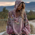 Women's Vintage Boho Pink Rose Embroidered Sequin Hoodie elevenforest