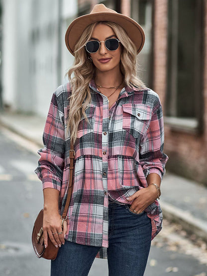 Loose Checkered Lapel Blouses&shirts Tops