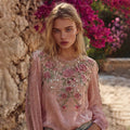 Vintage Boho Pink Roses Embroidered Flowy Linen Crew Neck Tunic elevenforest