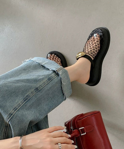 Black Hollow Out Breathable Mesh Platform Slide Sandals Oi075