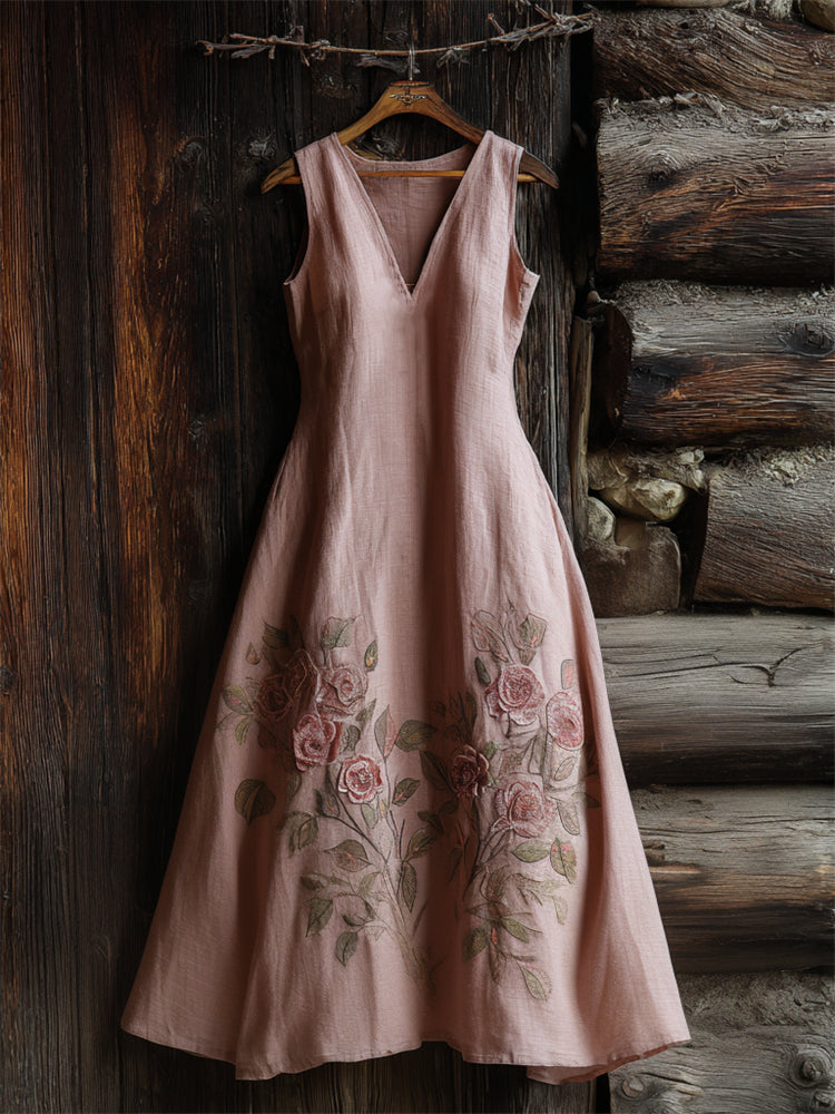Classy Pink Roses Embroidered Linen Maxi Dress elevenforest