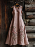 Classy Pink Roses Embroidered Linen Maxi Dress elevenforest