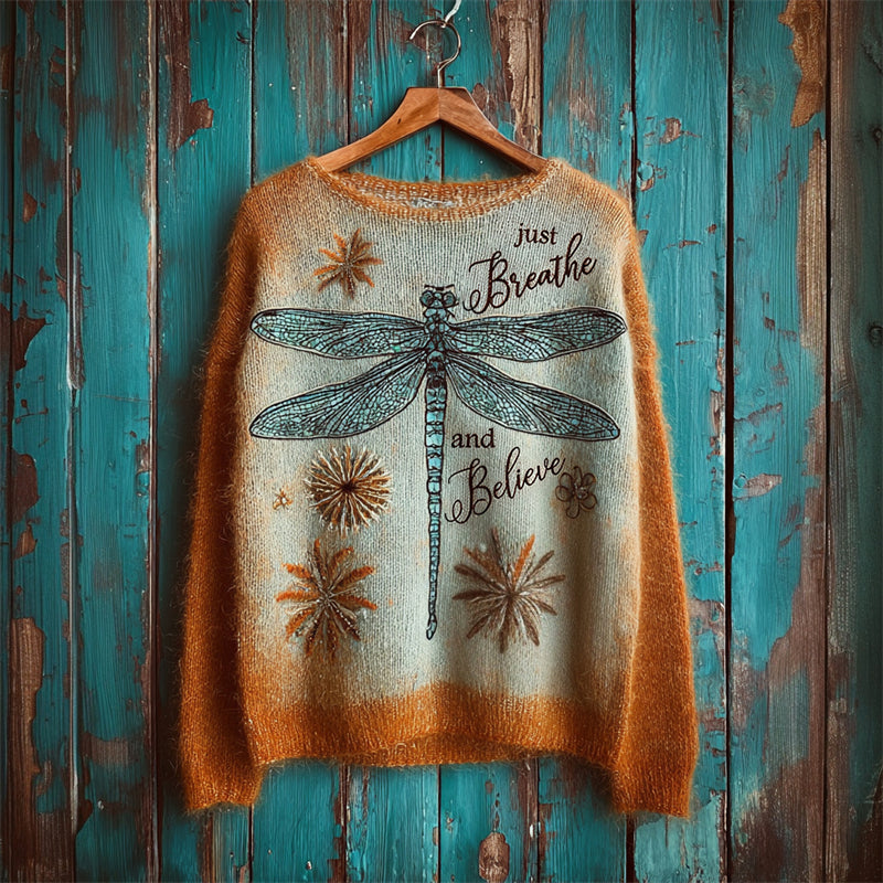 Comstylish Just Breathe And Believe Dragonfly Floral Dyed Cozy Knit Sweater