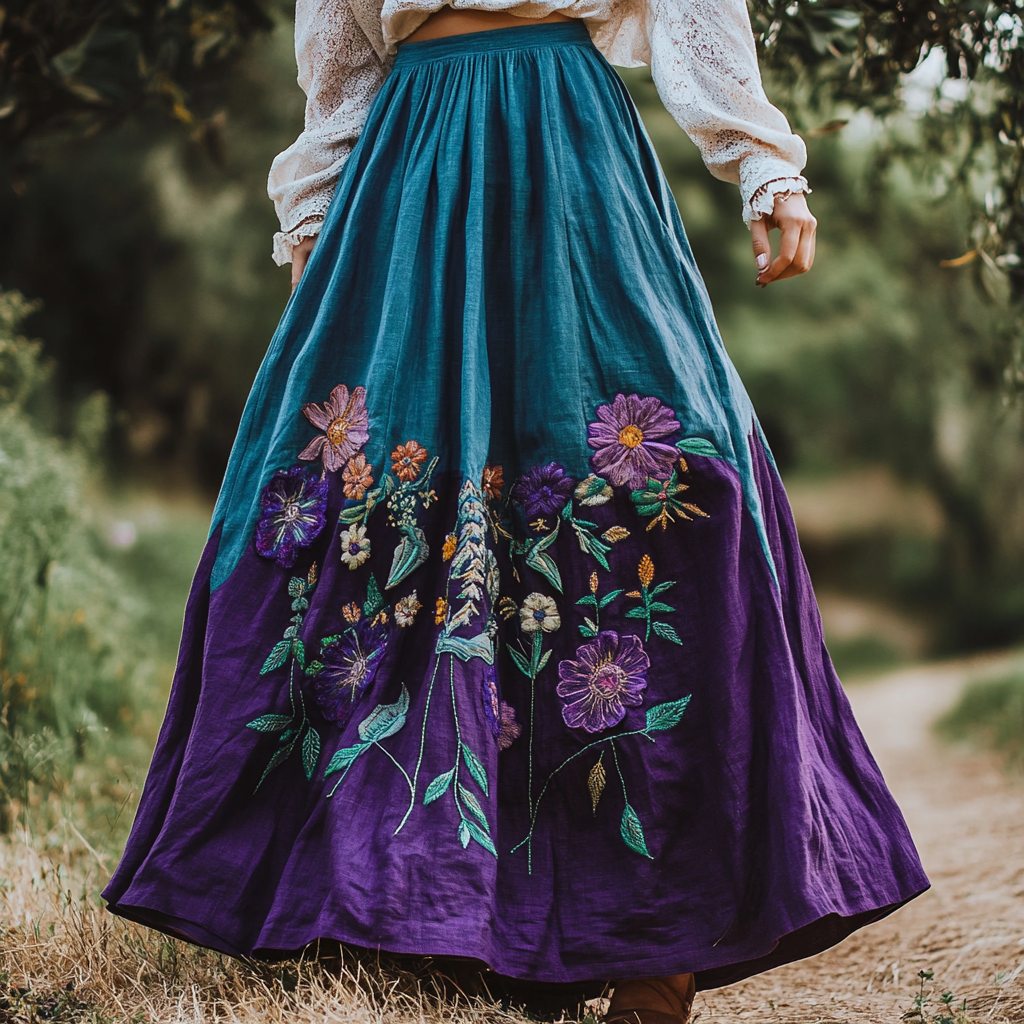 Vintage Floral Embroidered Art Linen Blend Skirt elevenforest