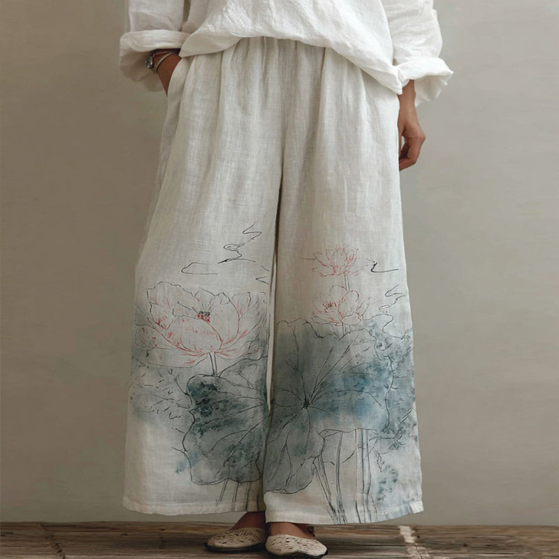 Women's Japanese-style Lotus Pattern Linen Trousers elevenforest