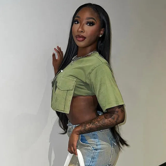 Cargo Pockets Green T-shirts O-neck Short Sleeve Slim Crop Tops Summer Female Tees