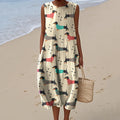 Vintage Cute Dachshund Art Print Linen Sleeveless Dress elevenforest
