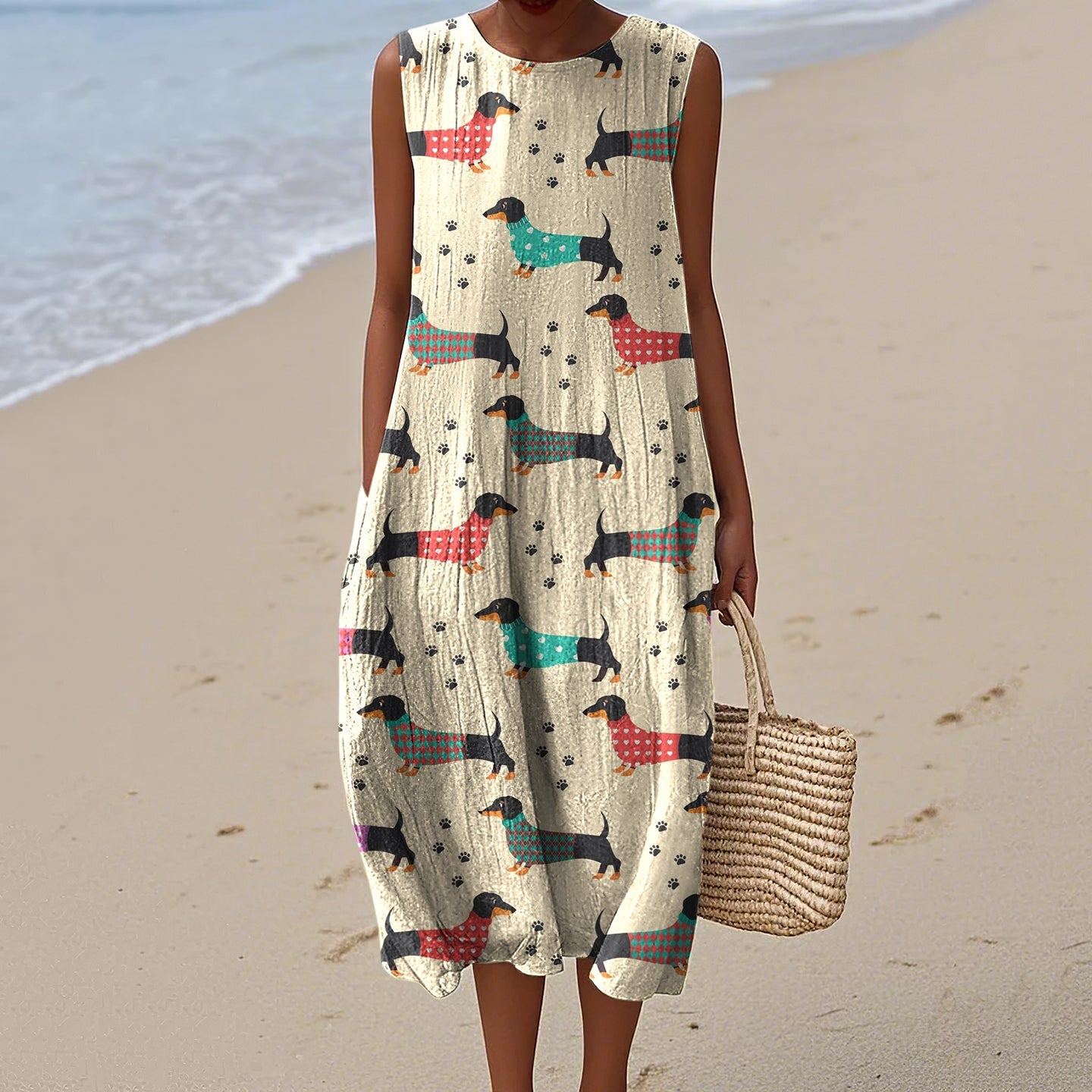 Vintage Cute Dachshund Art Print Linen Sleeveless Dress elevenforest