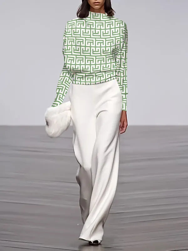Long Sleeves Loose Geometric Printed Stand Collar T-shirts Tops