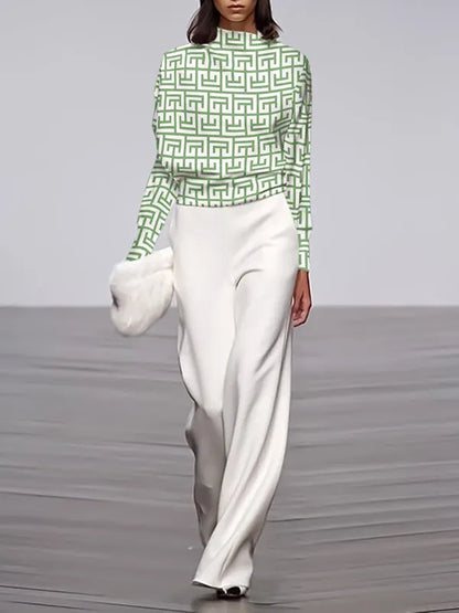 Long Sleeves Loose Geometric Printed Stand Collar T-shirts Tops
